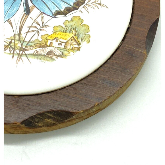 Vintage Ceramic Butterfly Trivet inset in‎ Wood Round 7.5" #2 - Picture 3 of 6